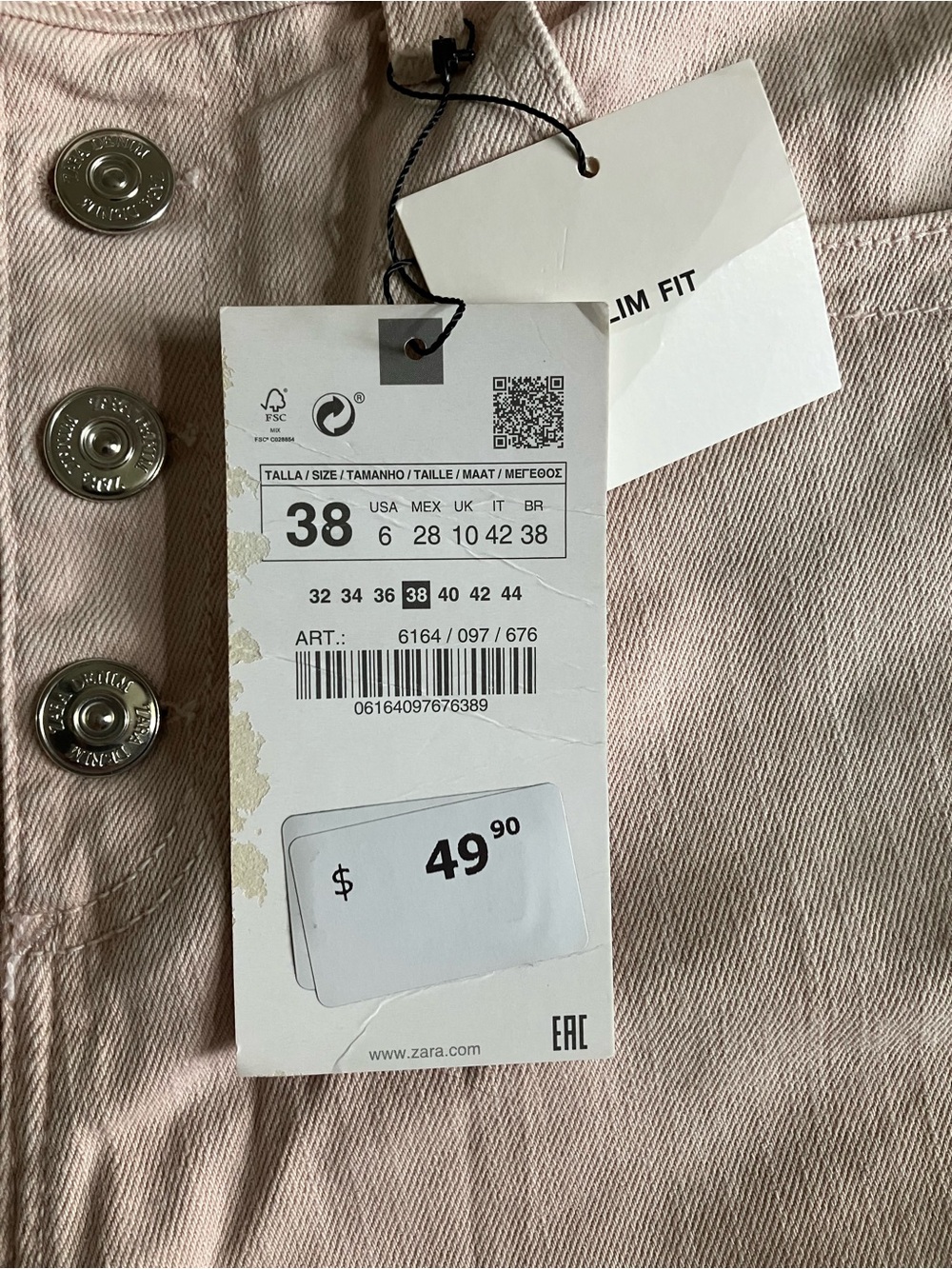 Zara | Blush Pink | NWT | Slim Fit Jeans | 99% Cotton | Size 38 | US 6